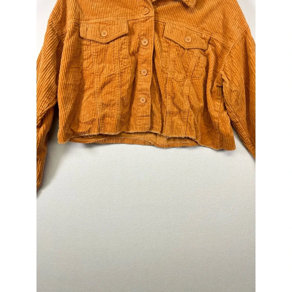 Forever 21 Corduroy Jacket Womens Medium Orange Cropped Raw Hem Button Up Boho - Picture 8 of 9